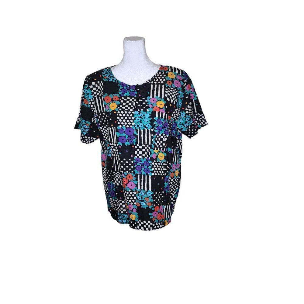 Vintage 80s Short Sleeve Blouse Shirt Womens Size M Black Artsy Geometric Bold